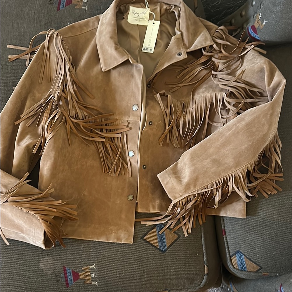 Rylee + Cru Tan Leather Fringe Jacket